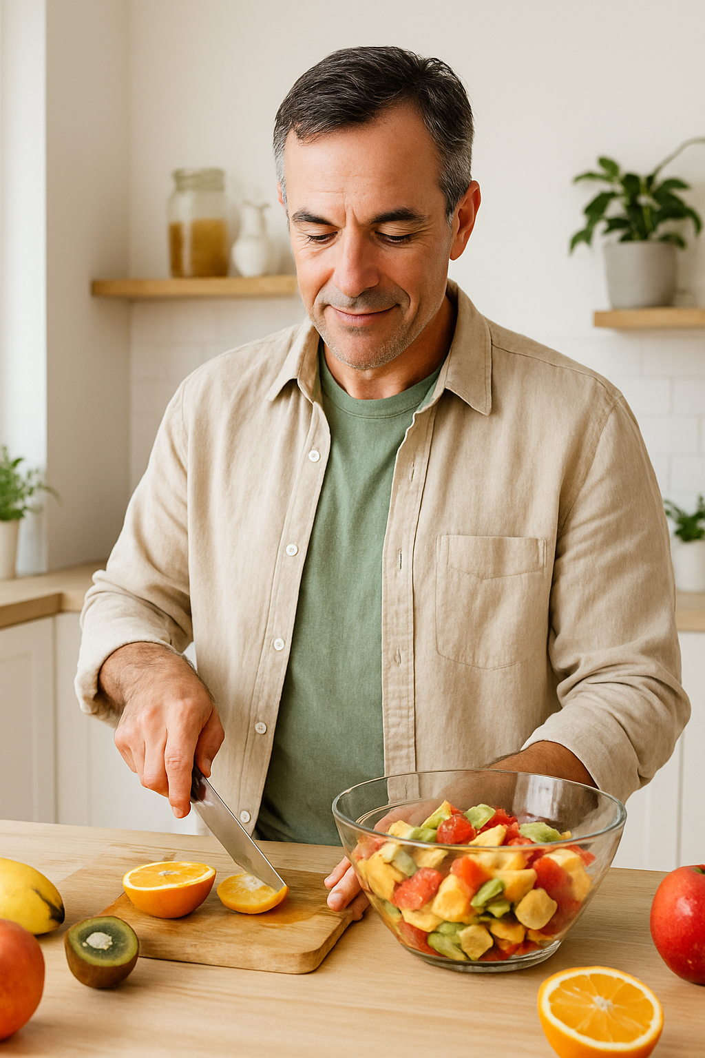 Especialista preparando una ensalada de frutas