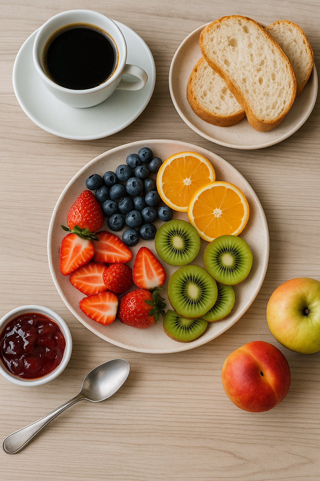 Desayuno natural con frutas, tostadas y café